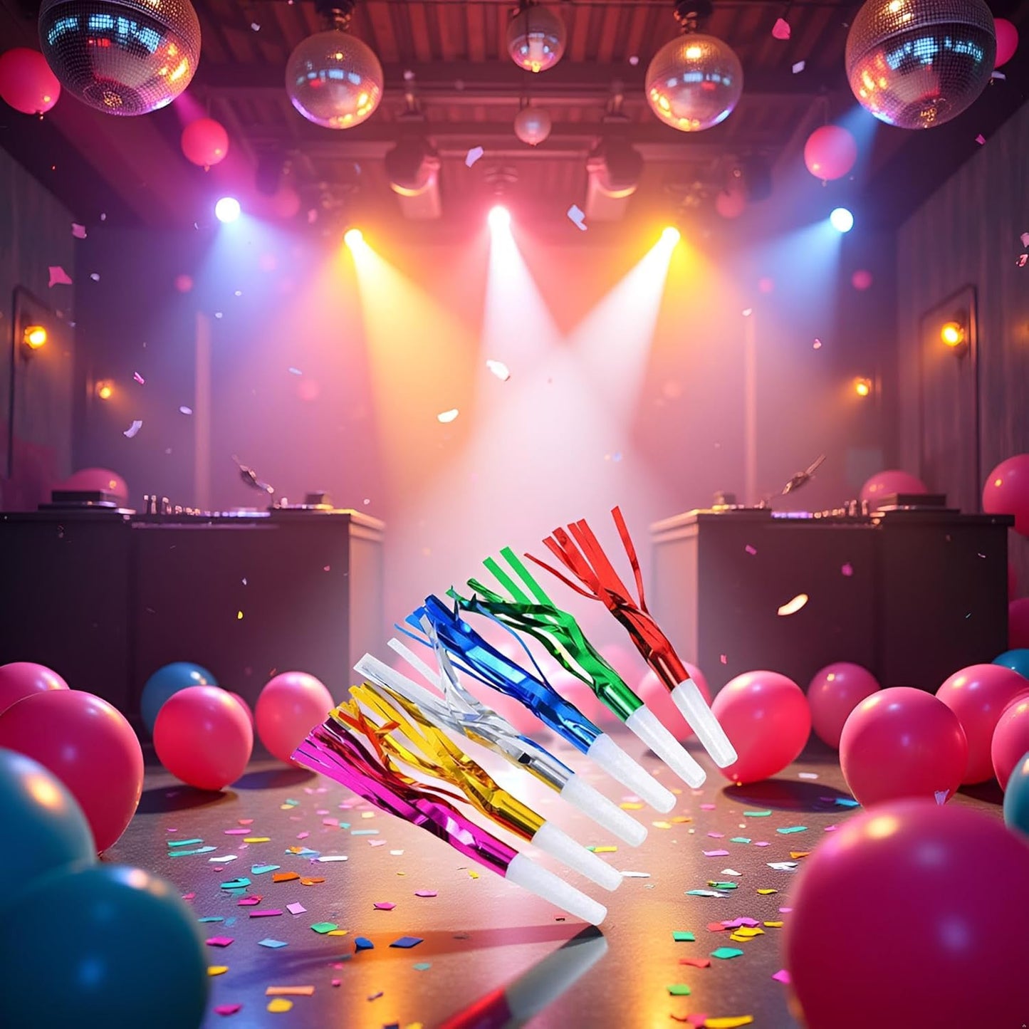 24 Pcs Random Color Metallic Noise Makers Party Blowouts Whistles Glitter Fringe Noisemaker Party Supplies Blowouts Children Toy for Sport Games
