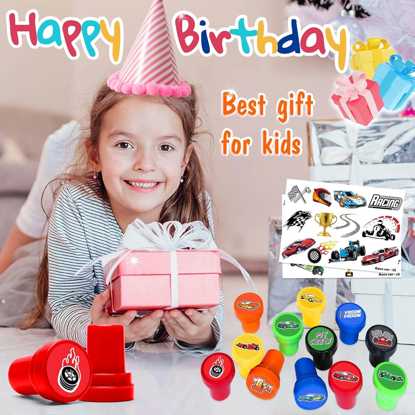 36PCS Race Car Party Favors for Kids - 24 Temporary Tattoos & 12 Stamps - Checkered Flag Themed Birthday Decorations, Goodie Bag Stuffers & Classroom Rewards for Boys