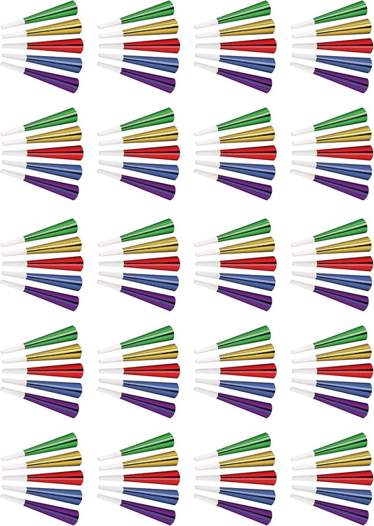 Beistle Foil Horns – 100 Pack, Colorful Party Noisemakers with White Plastic Mouthpieces in Assorted Colors for New Year’s Eve Countdowns, Parties, Parades, Sporting Events, Birthdays and Celebrations