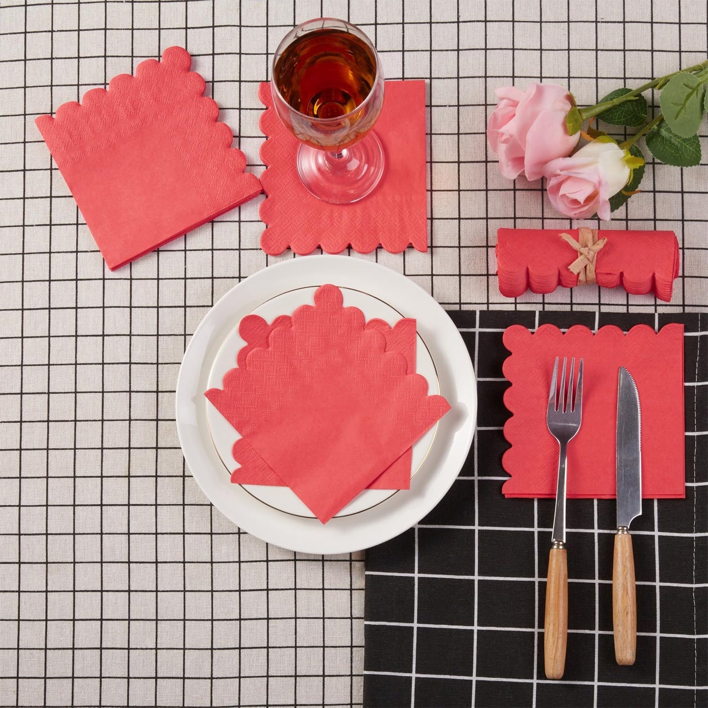 100 Pack Cocktail Napkin 2-Ply Scalloped Edged Dessert Napkins Folded 5 x 5 Inches Disposable Napkins for Dinner Wedding Birthday Party Bridal Anniversary Reception Event (Pink)