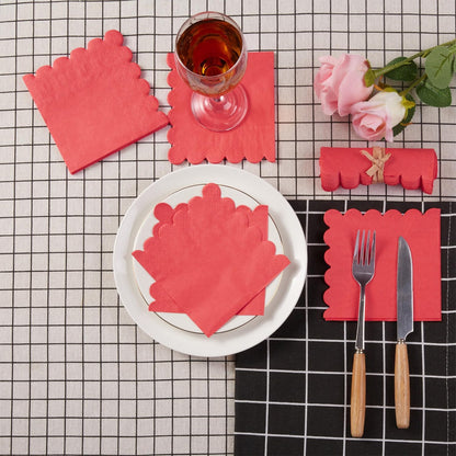 100 Pack Cocktail Napkin 2-Ply Scalloped Edged Dessert Napkins Folded 5 x 5 Inches Disposable Napkins for Dinner Wedding Birthday Party Bridal Anniversary Reception Event (Pink)