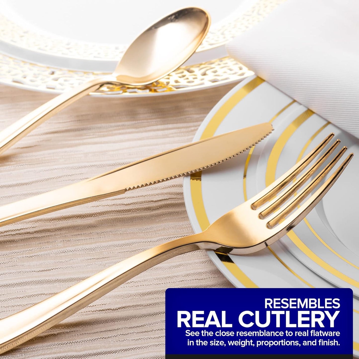 Gold Plastic Silverware Set (160 Bulk Pack) Disposable Cutlery Utensils, 80 Gold Forks, 40 Gold Knives, 40 Gold Spoons, Heavy Duty Flatware For Holidays, Parties, Dinners, Weddings, and Occasions