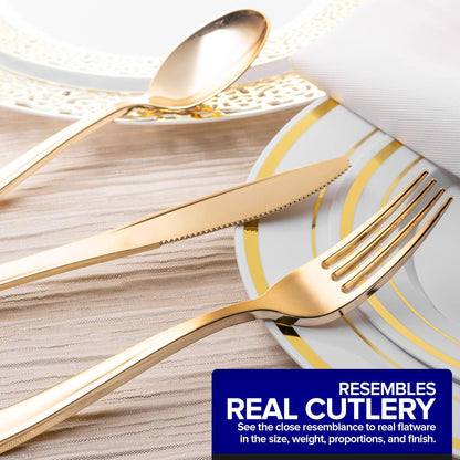 Gold Plastic Silverware Set (160 Bulk Pack) Disposable Cutlery Utensils, 80 Gold Forks, 40 Gold Knives, 40 Gold Spoons, Heavy Duty Flatware For Holidays, Parties, Dinners, Weddings, and Occasions