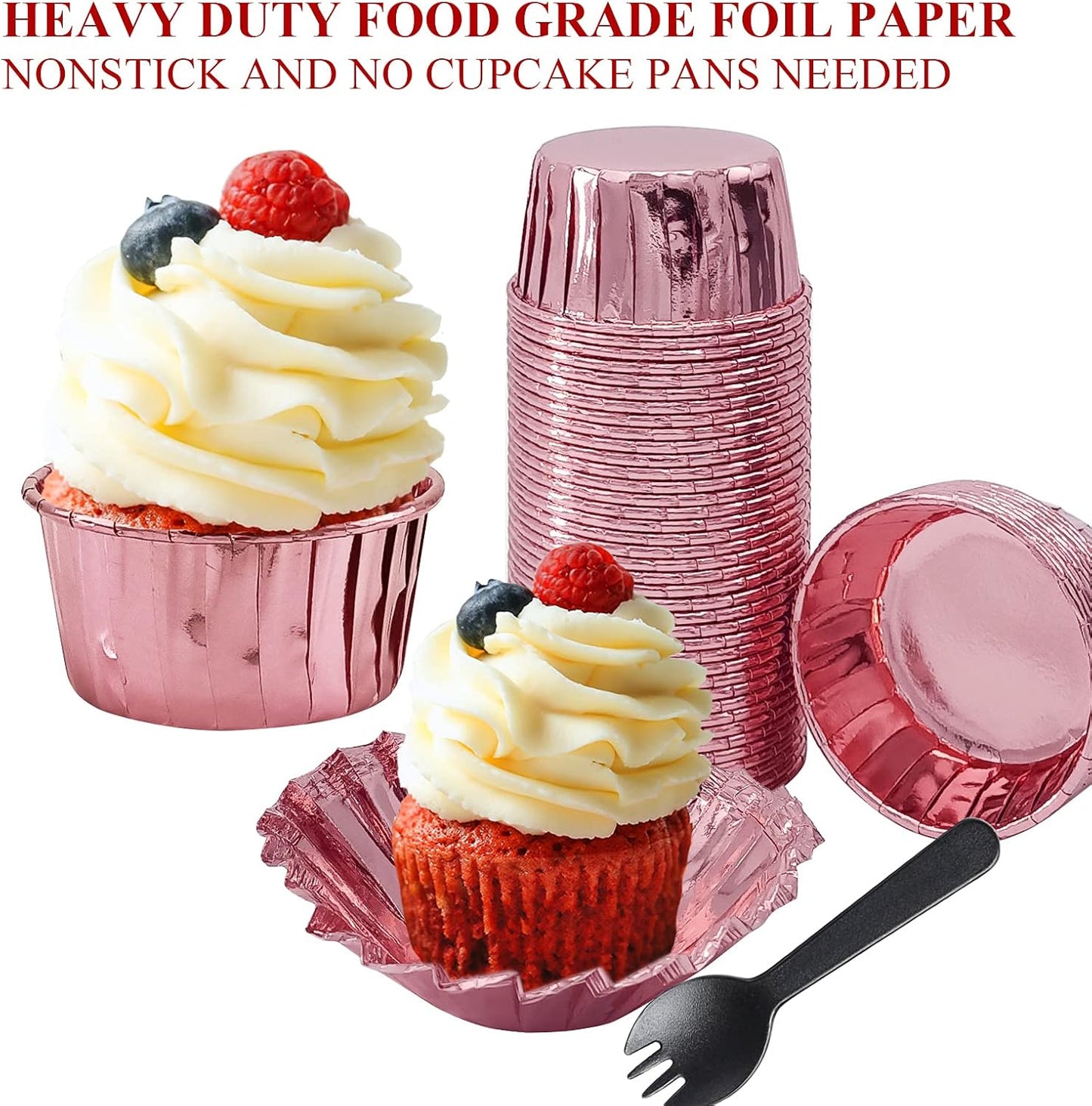 Cupcake Liners with Lids 50 Pack,LNYZQUS 5oz Large Foil Cupcake Cups Muffin Tins,Disposable Baking Cups Muffin Liners Wrappers Holders for Wedding Valentine-Pink in gold