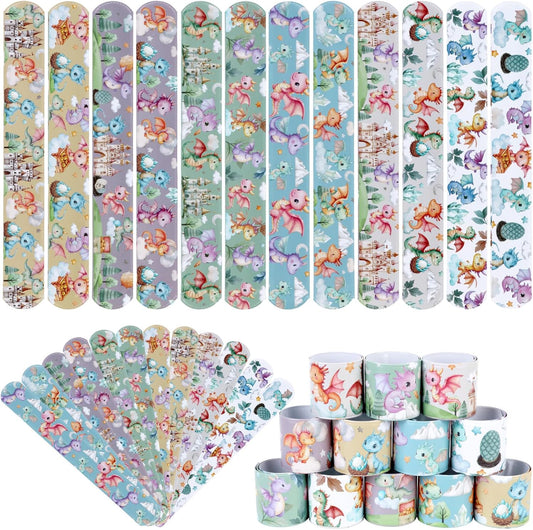 Serencatcher 48PCS Dragon Slap Bracelets Bulk, Dragon Party Favors Watercolor Dragon Slap Wristbands for Dragon Baby Shower Birthday Party Decorations Gifts Dragon Knight Party Supplies