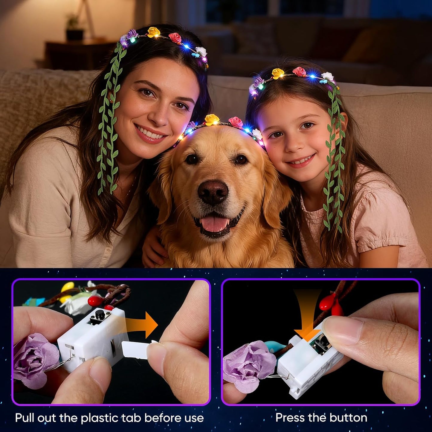 50 PCS LED Flower Crowns Headbands with Ribbons, Light Up Flower Headband for Women, Glow in the Dark Party Supplies for Wedding Birthday Party