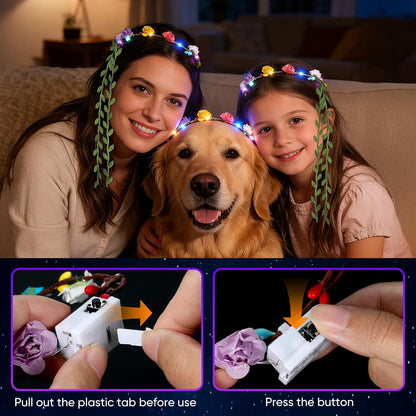 50 PCS LED Flower Crowns Headbands with Ribbons, Light Up Flower Headband for Women, Glow in the Dark Party Supplies for Wedding Birthday Party