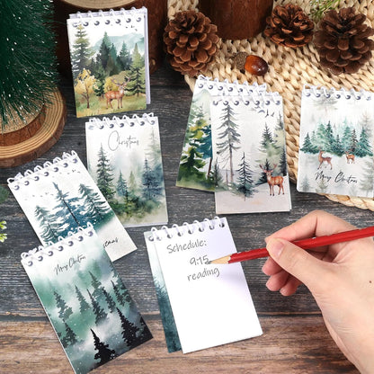 Konsait Christmas Tree Notepads, Watercolor Pine Tree Mini Spiral Notebooks Xmas Note Pads Message Reminder for Christmas Office Supplies Christmas School Party Favors (8 Pieces)