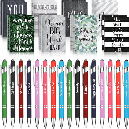 Funrous 32 Pcs Motivational Quote Pens Inspirational Notepads Mini Journal with Ballpoint Pen Small Notebooks Gift for Men Women Coworker Adult Party Favors Prize Teacher Student Office(Stylish)