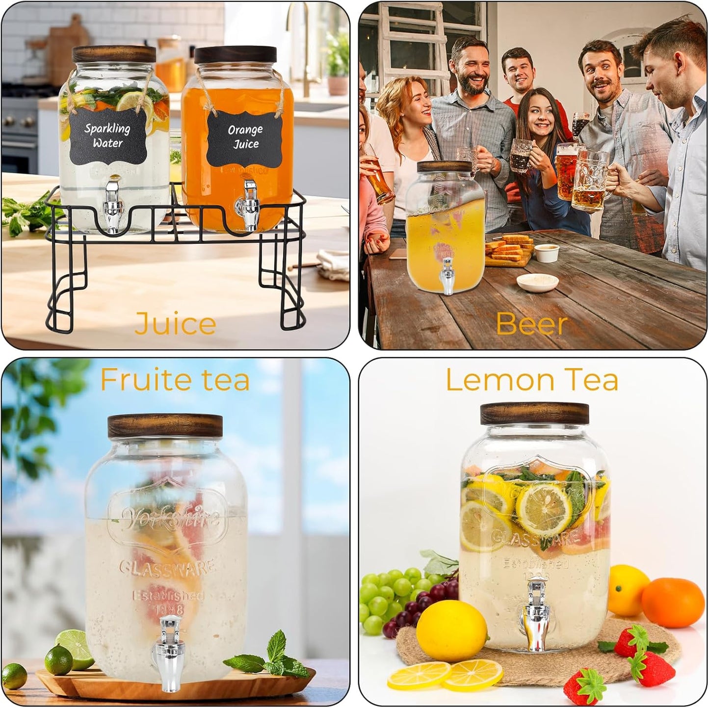 Glass Drink Dispensers For Parties, 2 PACK 1 Gallon Beverage Dispenser With Wooden Lids, Metal Stand And Spigot 100% Leak proof. Lemonade Dispenser With Chalk board