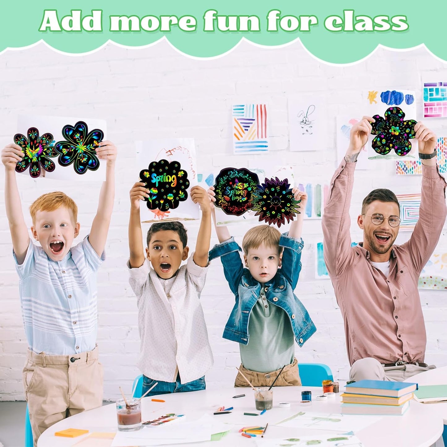 Hungdao 60 Pcs Flowers Scratch Cards Summer Scratch Paper for Kids Crafts with Bamboo Stylus and Ribbon for Home Classroom School DIY (Flower)