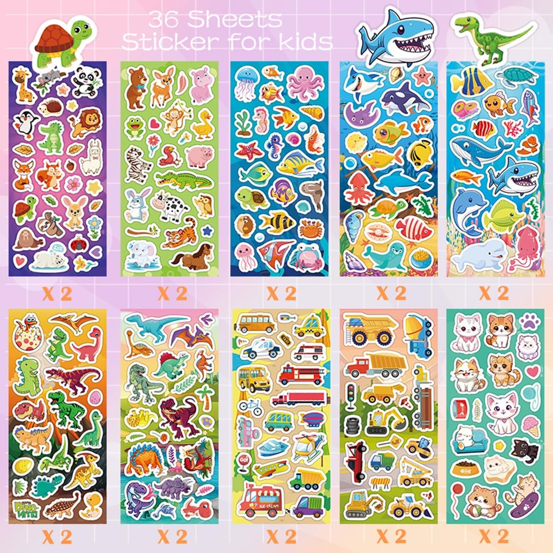 KARSLORA 36 Sheets Stickers for Kids, 800+ Stickers for Scrapbooking Including Animals, Fruits, Dinosaurs, Hearts, Cats, Fish, Cars, Space and More, Party Favors for Kids