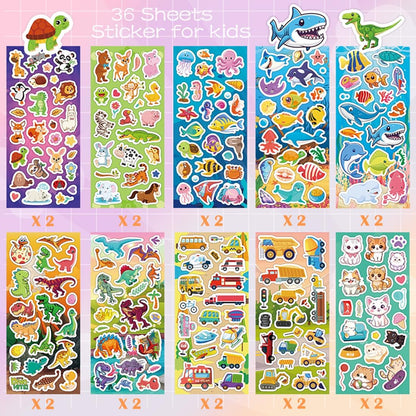 KARSLORA 36 Sheets Stickers for Kids, 800+ Stickers for Scrapbooking Including Animals, Fruits, Dinosaurs, Hearts, Cats, Fish, Cars, Space and More, Party Favors for Kids