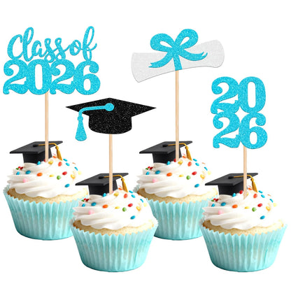 36 PCS 2026 Graduation Theme Cupcake Toppers Glitter Class of 2026 Grad Cap Diploma Cupcake Picks 2026 Graduation Theme Party Cake Decorations Supplies Deep Blue