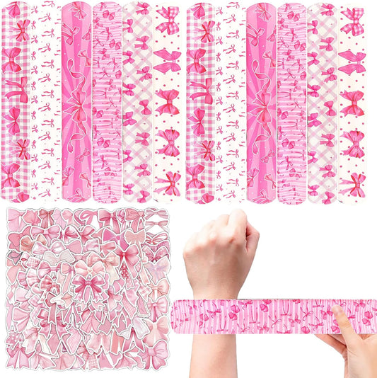 CZWXOXO 74Pcs Pink Theme Party Favors Contain 24 Pcs Slap Bracelets 50Pcs Pink Theme Stickers,Makeup Theme Birthday Party Decorations,Classroom Rewards