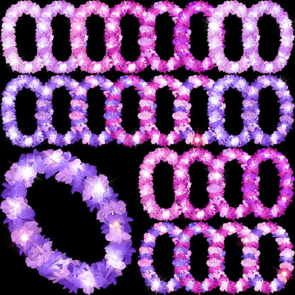 Sherr 24 Pcs LED Leis Light Up Purple and Gold Hawaiian Flower Necklaces, Graduation 2026 Party Supplies, Class of 2026 Leis for Beach Wedding Luau Glow Party Favors