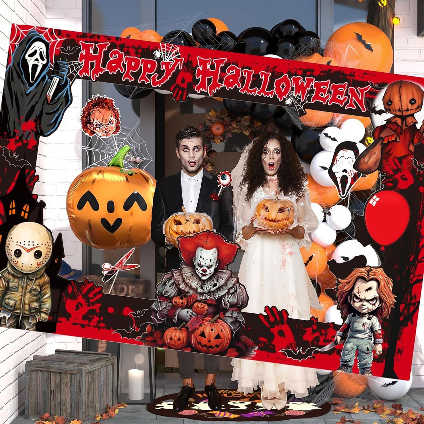 Halloween Photo Booth Props Kit, 16PCS Photo Props & Selfie Frame Halloween Party Decoration Supplies Dress Up Party Costumes Accessories for Photoshoot Selfie Props (Orange)