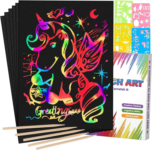 Mocoosy 60 PCS Rainbow Scratch Art Paper for Kids, Magic Scratch Paper Off Set Art and Craft Supplies, Black Scratch Pads Party Game Activities Birthday Gifts for Girls Boys 3 4 5 6 7 8 9 Years Old