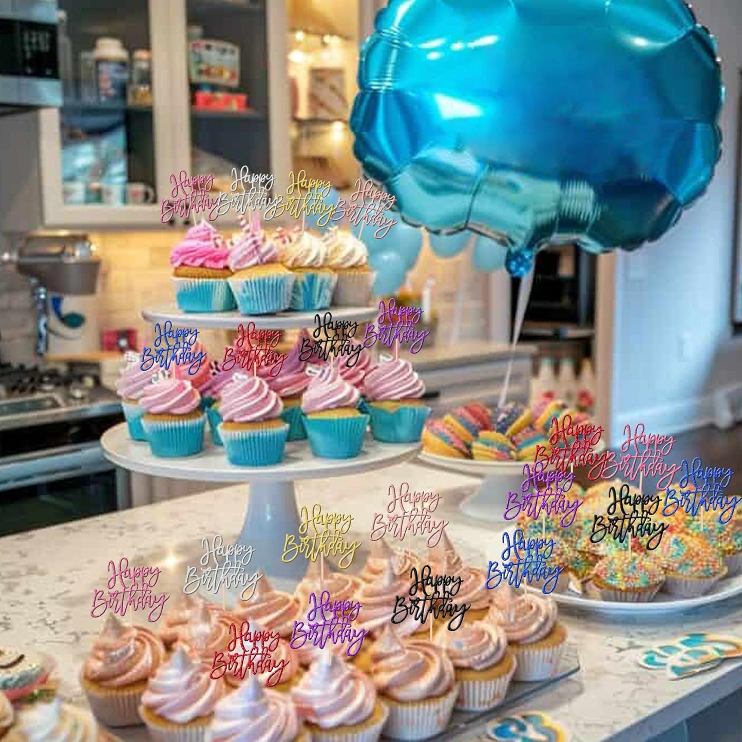 24 PCS Happy Birthday Cupcake Toppers Glitter Picks for Celebrating Anniversary Theme Party Cake Decorations Supplies Gold