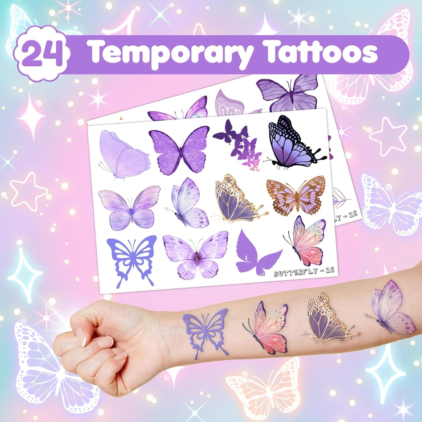 48 PCS Butterfly Party Set: 24 PCS Temporary Tattoos & 24 PCS Slap Bracelets - Cute Butterfly-Themed Gifts for Kids, Girls, Boys - Birthday Parties, Baby Showers, Classroom Rewards, Party Decorations