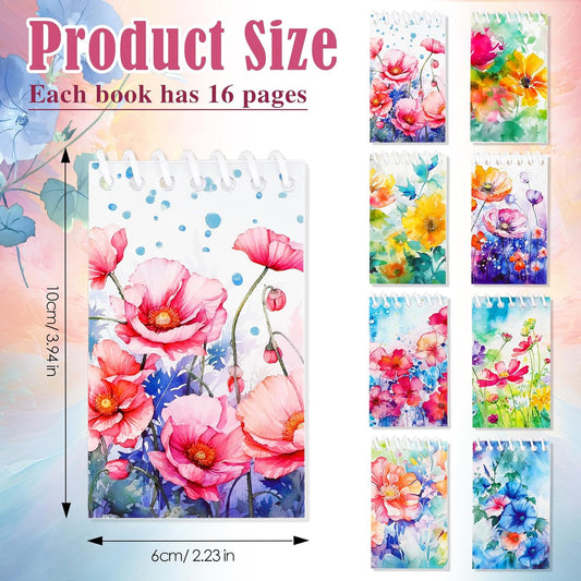 Konsait Watercolor Flower Notepads, Flower Mini Spiral Notebook Message Reminder for Office School Supplies Floral Notebook Writing Pads for Student Classroom Rewards Party Favors (8 Pieces)