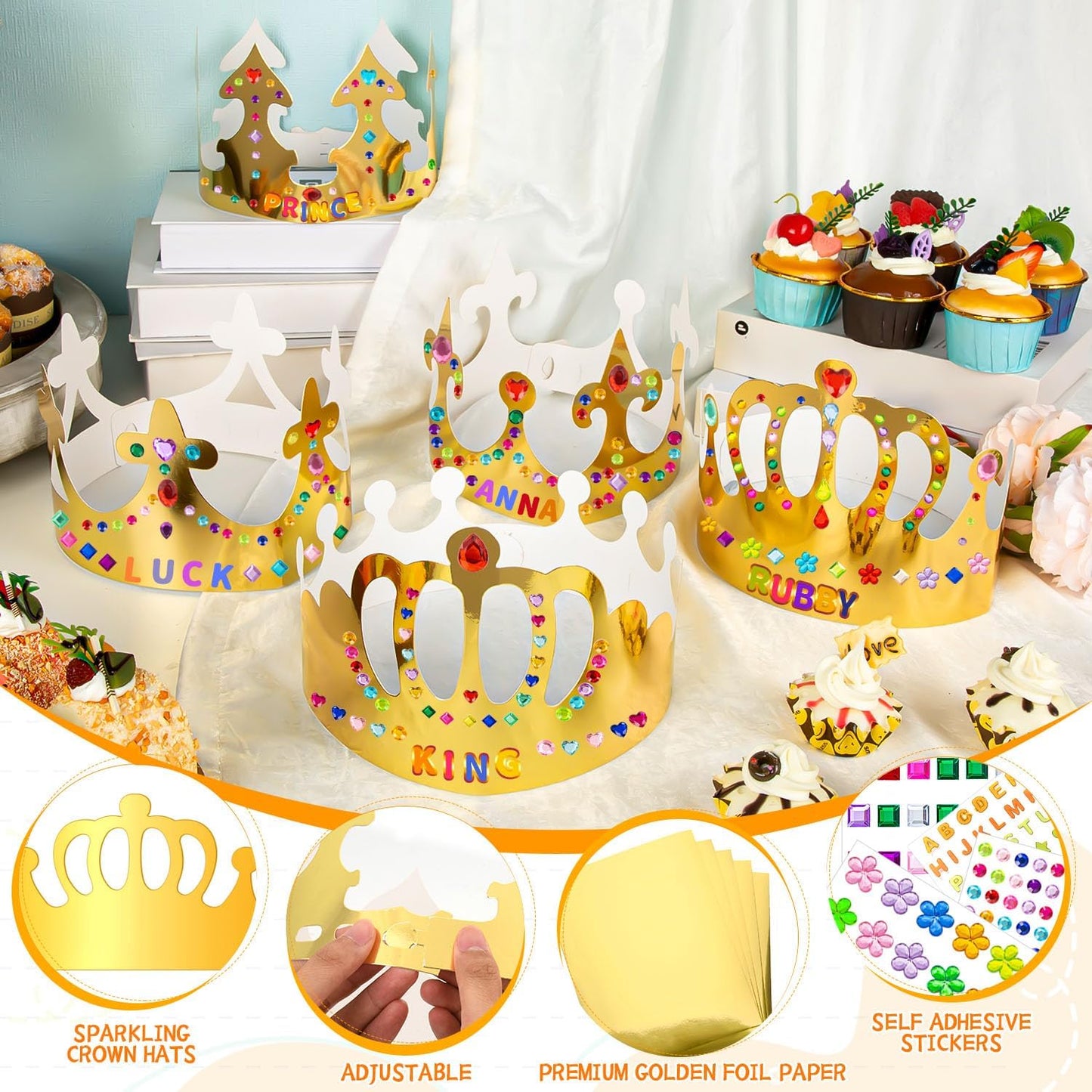 Gold Paper Crowns, Diy Birthday King Crowns Craft to Decorate, Paper Prince Princess Crown Hats for School Classroom