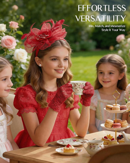 Girls Tea Party Fascinators Hats for Kids Fascinator Tea Party Hat Headband with Gloves Accessories for Girls