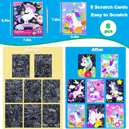 JUNQIU Scratch Art for Kids, Unicorns Black Rainbow Scratch Art Paper Set-Arts and Crafts & Supplies, DIY Activity & Party Games, Gifts for Toddlers, Girls & Boys Ages 3, 4, 5, 6, 7, 8