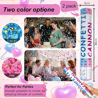 2 Pack Gender Reveal Confetti Cannon, 12 in Pink Square shaped Paper Party Poppers Cannons, Confetti Poppers For Baby Girl Gender Reveal Baby Showers (Square, Pink)