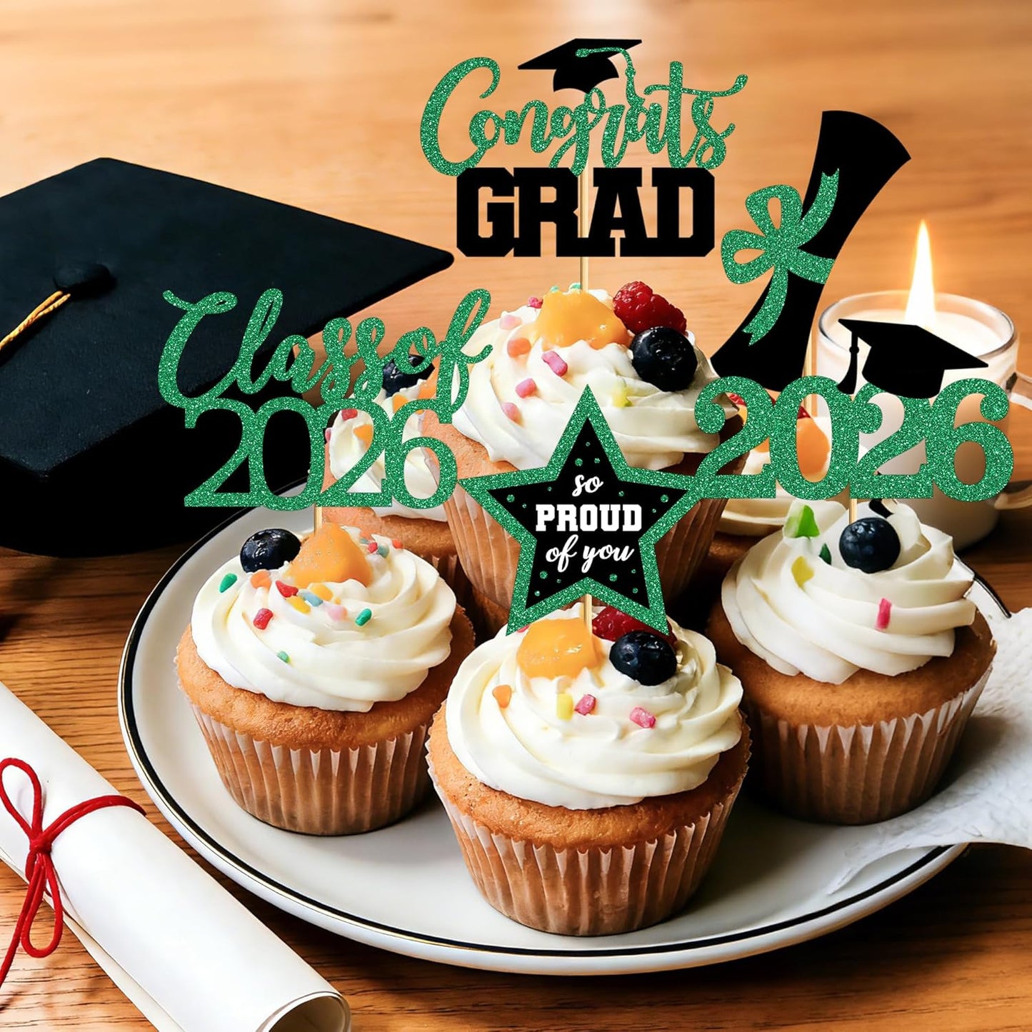 48 PCS Graduation Cupcake Toppers, Glittery 6 Styles Congrats Grad Cake Topper, Black and Red Graduation Decorations 2026, Cap and Diploma Cake Picks for Grad Party Supplies