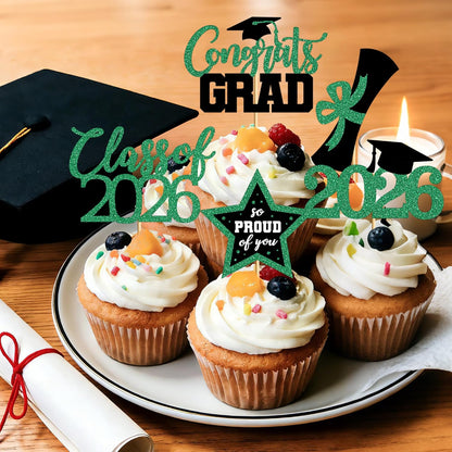48 PCS Graduation Cupcake Toppers, Glittery 6 Styles Congrats Grad Cake Topper, Black and Red Graduation Decorations 2026, Cap and Diploma Cake Picks for Grad Party Supplies