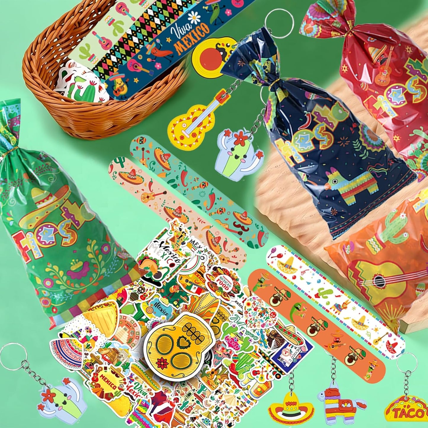 Mexican Fiesta Party Favor 122 PCS Mexican Themed 12 Slap Bracelets 12 Silicone Bracelets 50 Stickers 12 glitter drinking straws 12 Fiesta Keychains 12 Candy Bags 12 Bubble Wands for Mexican Party