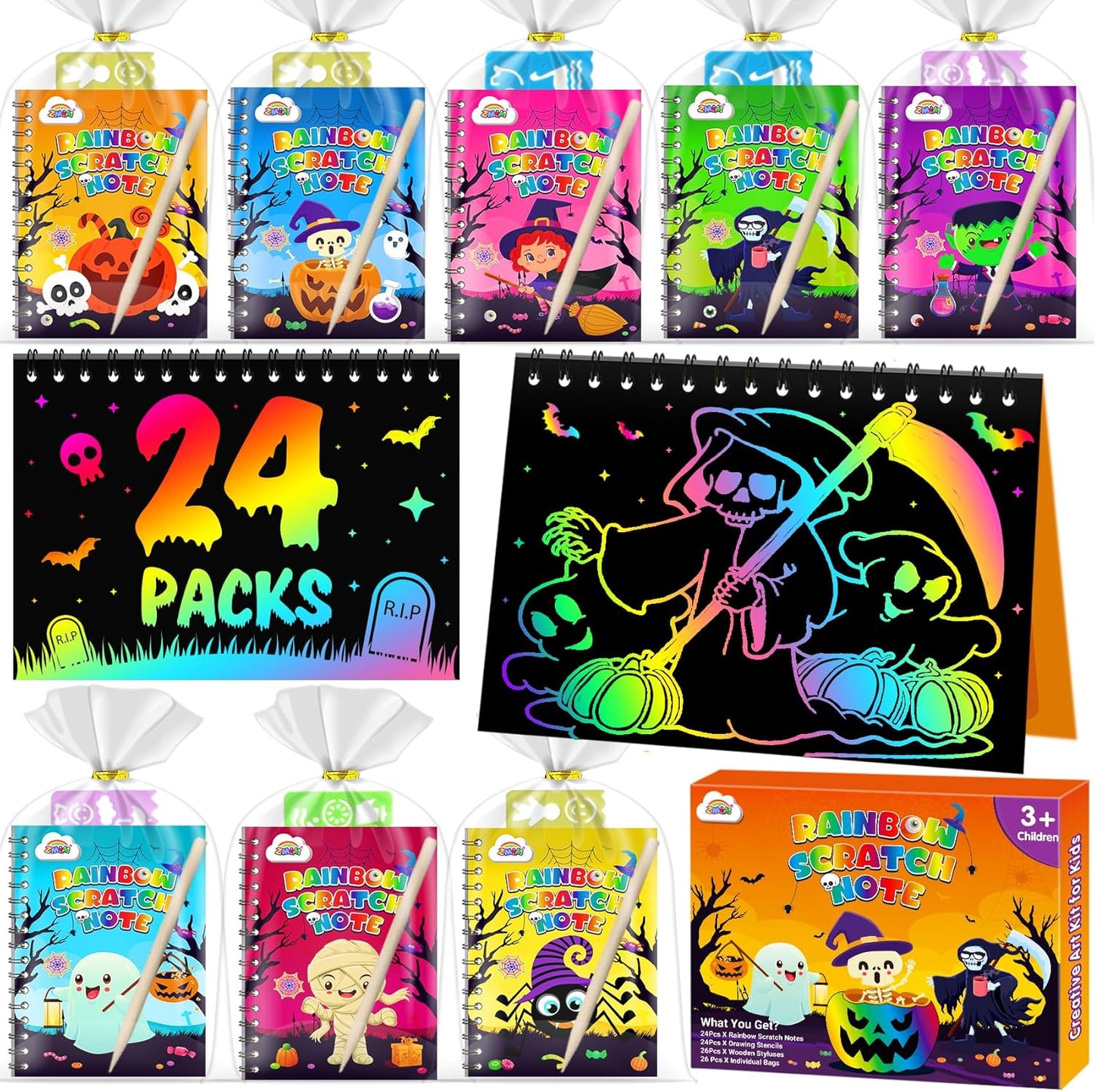 ZMLM 24 Pack Scratch Art Party Favors: Birthday Party Favors for Kids 4-8, Bulk Rainbow Scratch Notebook Paper Pads, Goodie Bags Stuffers Girls Boys Classroom Gifts Crafts Toys