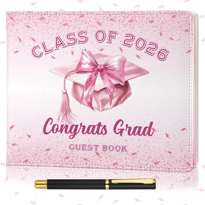 Patelai Pink Bow Graduation Guest Book Class of 2026 Party Decorations Leather Graduation Guest Signature Party Sign Gift with Pen, 112 Pages (Congrats Grad)