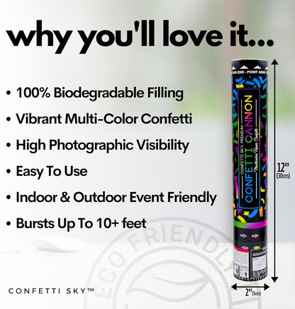Confetti Sky [6 Pack] 12 Inch Confetti Cannons | Multicolor Confetti Poppers for Wedding Celebration, Birthday Party, Pranks, Graduation, Christmas Eve and New Year Celebration