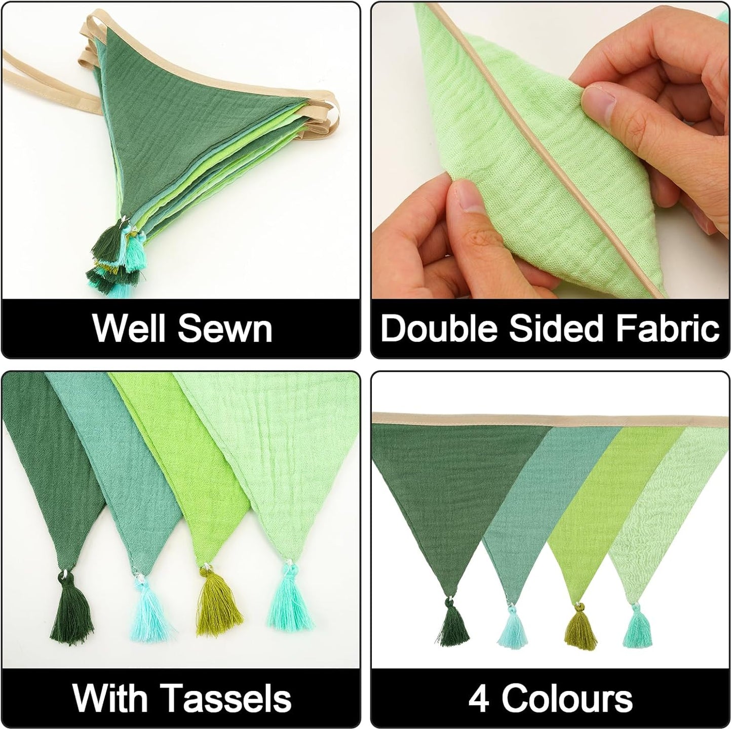 G2PLUS Cotton Fabric Bunting Banner, 9Ft Green Triangle Pennant Banner Flag, 12pcs Double-Sided Bunting Garland with Tassels for Birthday, Nursery, Baby Shower, Classroom Hanging Decor