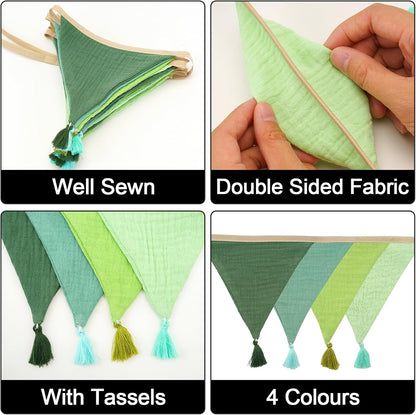 G2PLUS Cotton Fabric Bunting Banner, 9Ft Green Triangle Pennant Banner Flag, 12pcs Double-Sided Bunting Garland with Tassels for Birthday, Nursery, Baby Shower, Classroom Hanging Decor