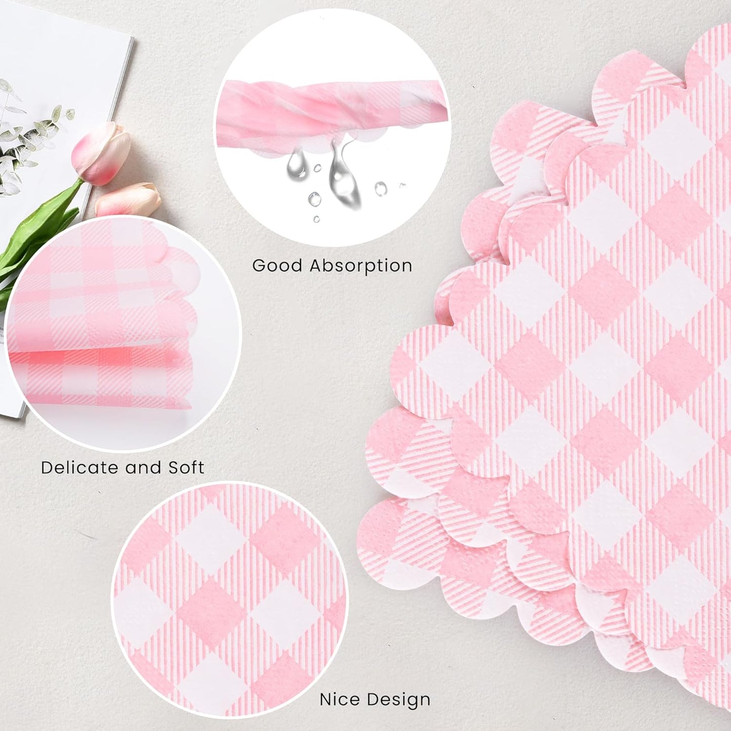 100 Pcs Striped Pastel Napkins, 5 x 5 Inches Scalloped Napkins, Disposable Cocktail Napkins for Pastel Summer Party Birthday Wedding Decor