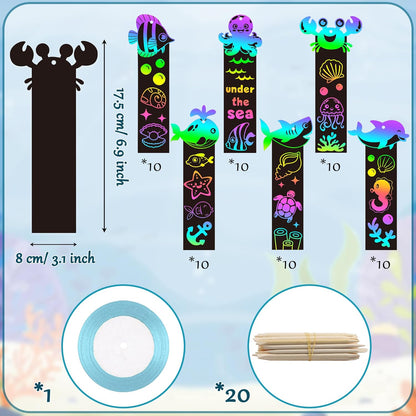 BeYumi 60Pcs Sea World Animals Scratch Bookmarks for Kids DIY Under The Sea Magic Art Rainbow Color Paper Craft Kit Summer Party Favors Birthday Gifts School Classroom Activity Art Project Supplies