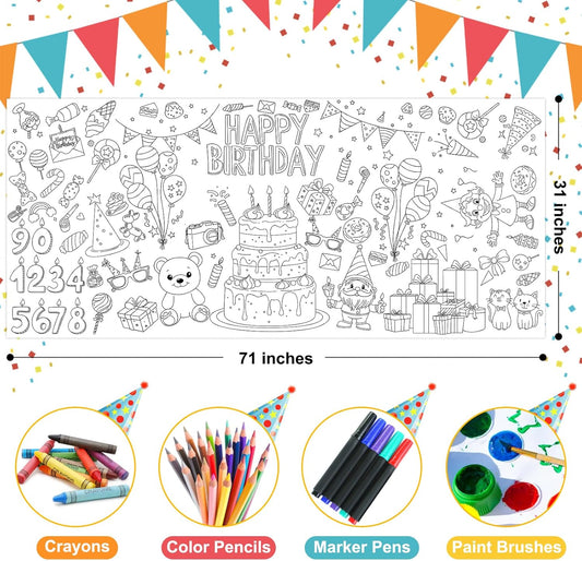 Happy Birthday Giant Coloring Poster 71 x 31 inches Large Birthday Party Coloring Tablecloth for Kids, DIY Cake Balloons Hats Banners Coloring Party Activity Poster & Table Cover,Jumbo Coloring Banner