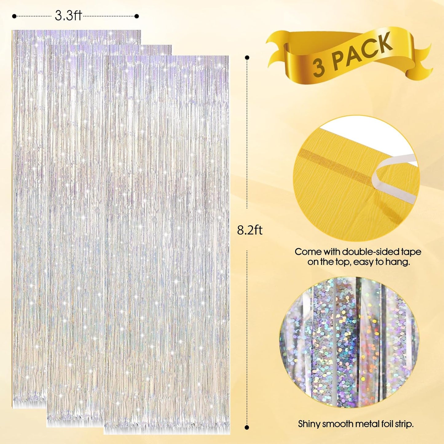 Birthday Party Decorations: 3 Pack 3.3 x 9.9 ft Gold Foil Fringe Curtains Party Supplies, Tinsel Curtain Backdrop for Parties/Birthday/Photo Booth