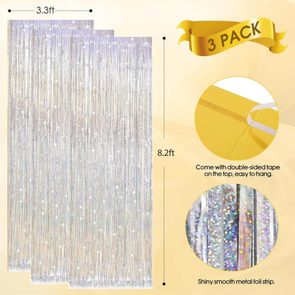 Birthday Party Decorations: 3 Pack 3.3 x 9.9 ft Gold Foil Fringe Curtains Party Supplies, Tinsel Curtain Backdrop for Parties/Birthday/Photo Booth