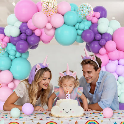 Amandir 153pcs Purple Blue Pink Balloon Garland Arch Kit, Different Sizes 18 12 10 5 inch Teal Yellow Latex Metallic Confetti Balloons for Magic Birthday Engagement Party Decoration