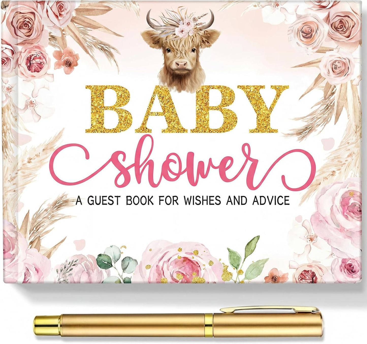 Fuyoooo 27 Pcs Safari Animal Baby Shower Guest Book Set Baby Shower Sign in Guest Floral Book Place Table Cards with Gold Pen Adhesive Photo Corner for Birthday Party