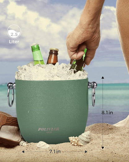 POLIVIAR Ice Bucket, 2.5L Double Wall Ice Bucket with Lid, Stainless Steel Ice Bucket with Tong & Strainer, Ice Bucket for Cocktail Bar, Home & Parties, JX2023-IBLU