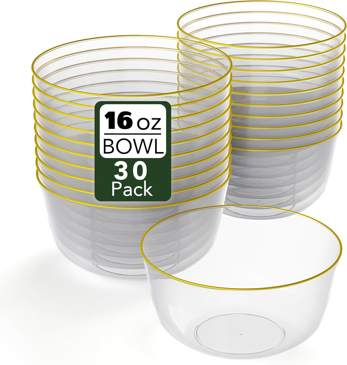 White Gold Rim Disposable Plastic Bowls - 16 Oz, 30 Count - Large, Heavy Duty - Perfect for Weddings & Parties