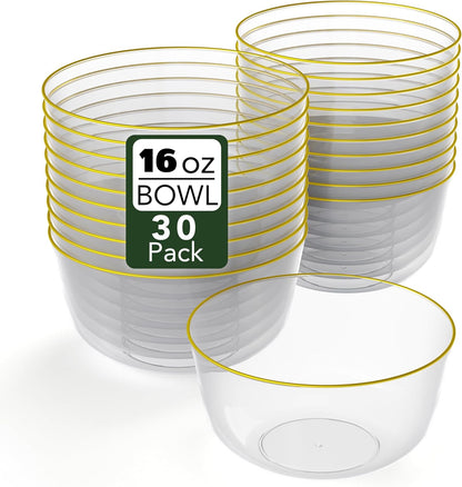 White Gold Rim Disposable Plastic Bowls - 16 Oz, 30 Count - Large, Heavy Duty - Perfect for Weddings & Parties