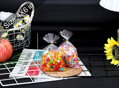 Clear Candy Bags 100pcs 6X10 Cellophane Treat Bag Party Favor Goodie Cake Pop Gift Apple Cello for Gift Baskets Bakery Cookie with Ties