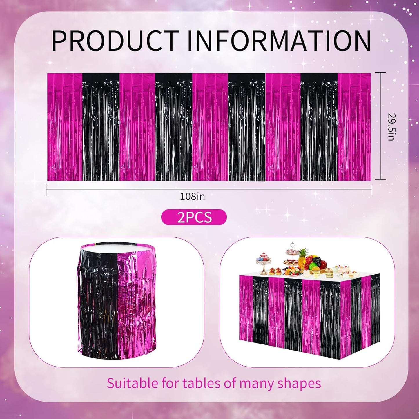 BEISHIDA 2 Pack Metallic Tinsel Foil Fringe Table Skirts for Rectangle & Round Tables Hot Pink Kids' Birthday, Holiday Cartoon Party Decorations for Birthday Valentines Baby Shower Festive Events