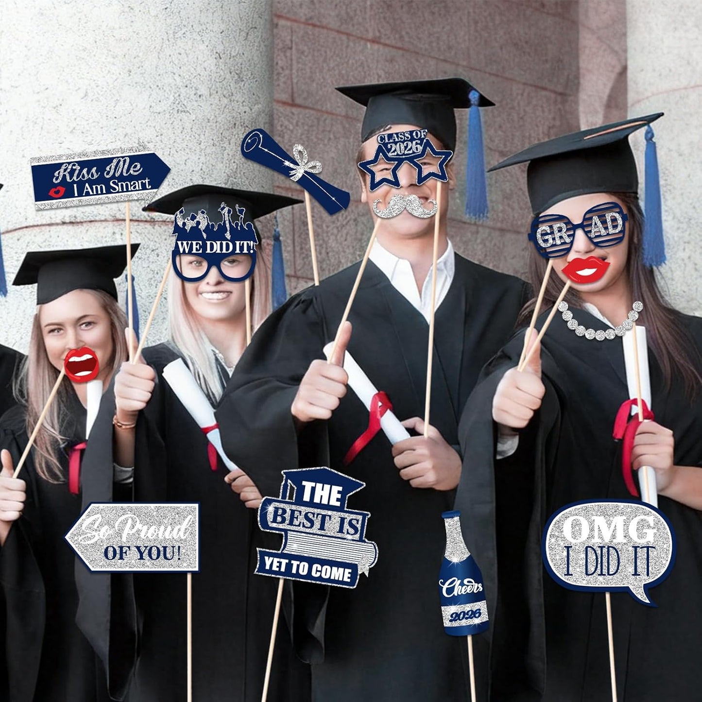 46Pcs Blue Gold Graduation Photo Booth Props 2026 Graduation Decorations with Sticks Class of 2026 Grad Party Favors Supplies for High School & College